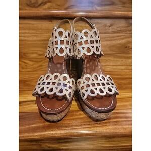 Tory Burch "Nori" Women's Platinum Gold Laser Cut Cork Wedge Size 8.5M